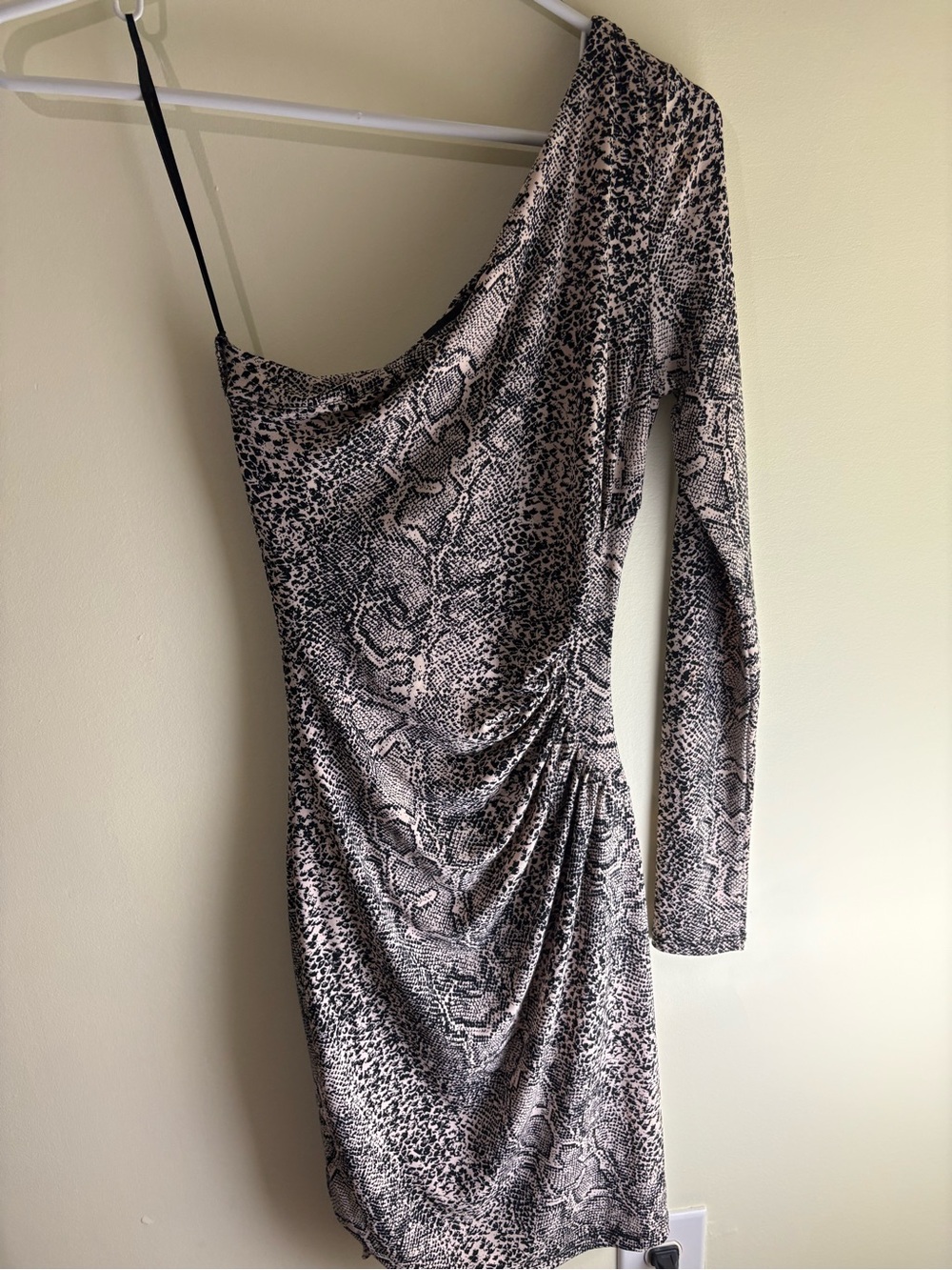 Guess One-Shoulder Snake Print Dress in Black and Cream